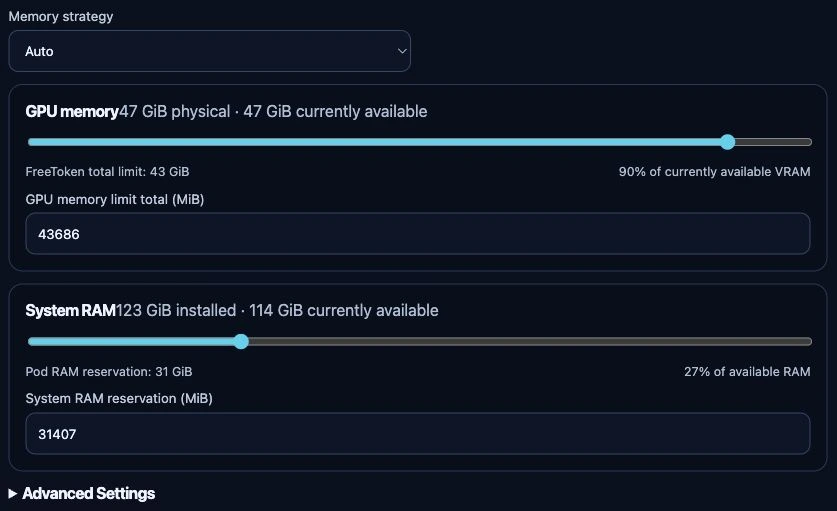FreeToken memory controls with Auto strategy, separate GPU and system RAM budgets, and collapsed Advanced Settings.