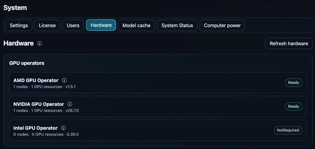 System Hardware tab showing Ready AMD and NVIDIA operators and an Intel operator marked NotRequired.