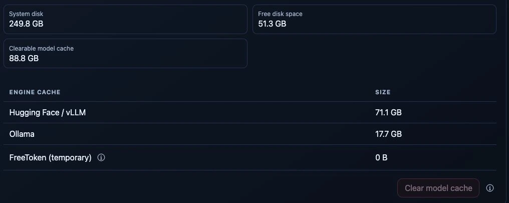 Model cache disk-space summary, per-engine cache sizes and a disabled Clear model cache button with an information icon.