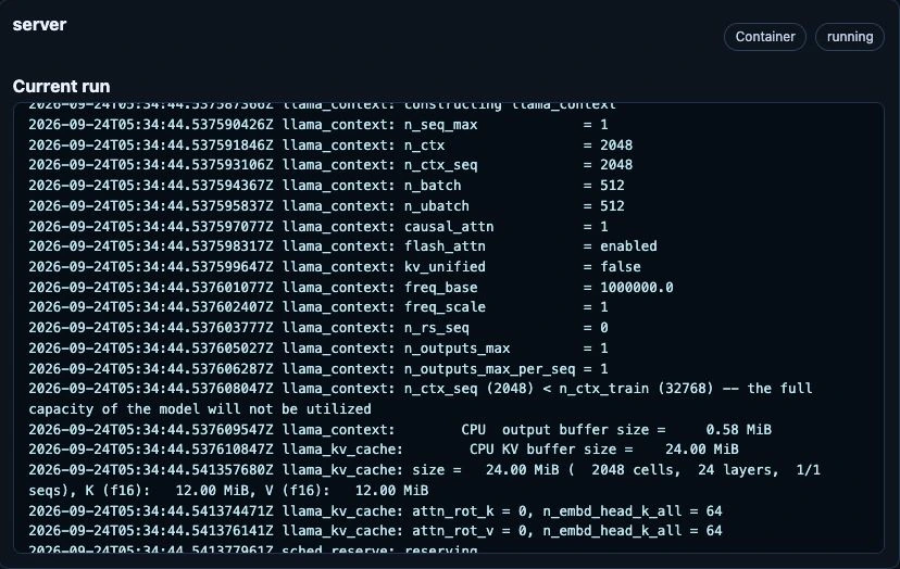 Runtime log excerpt showing an Ollama container's context and CPU KV-cache initialization.