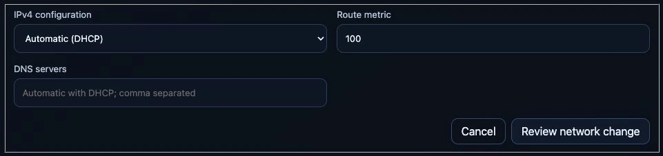 Ethernet configuration form with automatic DHCP, route metric and optional DNS servers.