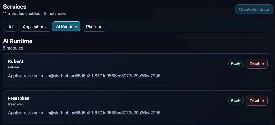 Services filtered to AI Runtime, with Ready status on the KubeAI and FreeToken module cards.